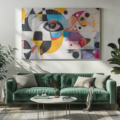 A vibrant and complex abstract painting in a silver frame. The artwork features a large, stylized eye as a central focus, surrounded by a fragmented collage of geometric shapes, bold lines, and vivid colors including yellow, blue, and magenta. Elements like black and white checkerboard patterns and scattered black circles add to the dynamic composition, all set against a textured, crackled white background. Print