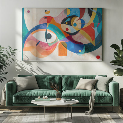 A vibrant abstract painting in a silver frame, featuring a dynamic composition of overlapping geometric and biomorphic shapes. The artwork is rich with color, including bold blues, oranges, reds, pinks, and yellows, with stylized eye-like forms and bird-like figures against a textured off-white background. Artwork