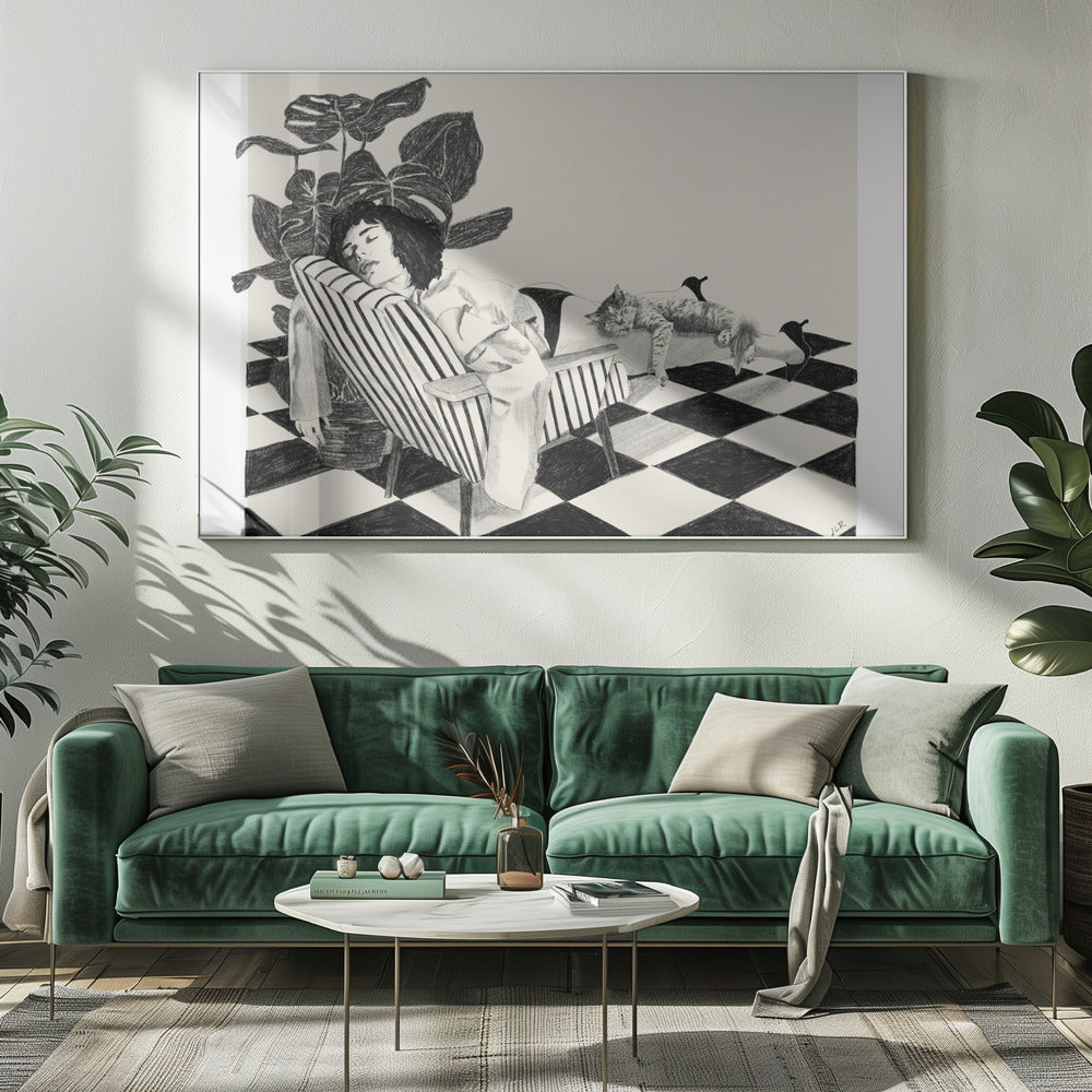A black and white sketch of a woman with short dark hair sleeping in a striped armchair. A large potted plant is behind her, and a cat is sleeping stretched out across her legs. The floor has a black and white checkerboard pattern. Decor
