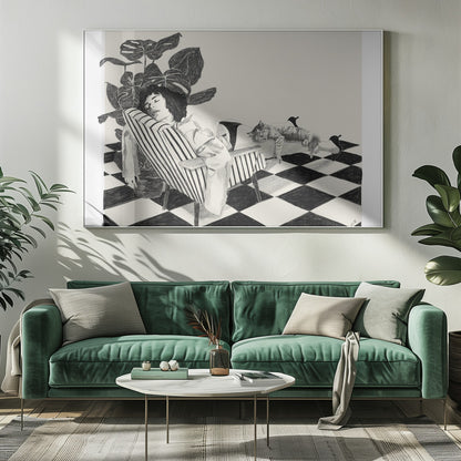 A black and white sketch of a woman with short dark hair sleeping in a striped armchair. A large potted plant is behind her, and a cat is sleeping stretched out across her legs. The floor has a black and white checkerboard pattern. Decor