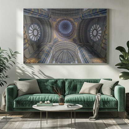 An upward-looking view of the highly ornate vaulted ceiling of a grand cathedral, featuring a central glass dome, large rose windows, and intricate gold and blue details, all framed in silver. Poster
