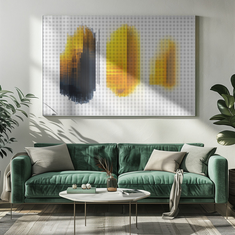 A modern abstract artwork in a silver frame, featuring three vertical formations of lines on a white grid background. The left formation transitions from yellow to black, while the center and right formations are composed of glowing yellow and orange lines, creating a digital, pixelated effect. Poster