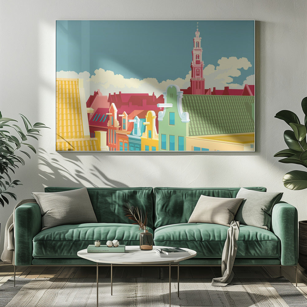 A colorful graphic illustration of the Amsterdam skyline, featuring vibrant gabled houses in green, yellow, and red, with the iconic pink Westerkerk church tower rising against a pale blue sky with white clouds. Decor