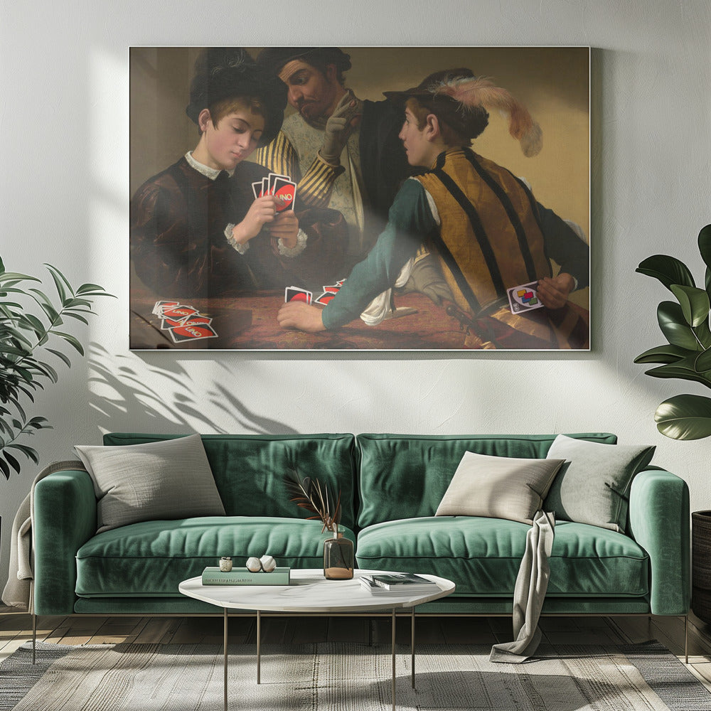 A humorous parody of Caravaggio's classical painting 'The Cardsharps', where the characters are depicted playing the modern card game UNO. An older man cheats by peering at a young player's hand and signaling to his accomplice, who hides a Wild Draw 4 card behind his back. Wall Art