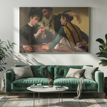 A humorous parody of Caravaggio's classical painting 'The Cardsharps', where the characters are depicted playing the modern card game UNO. An older man cheats by peering at a young player's hand and signaling to his accomplice, who hides a Wild Draw 4 card behind his back. Wall Art