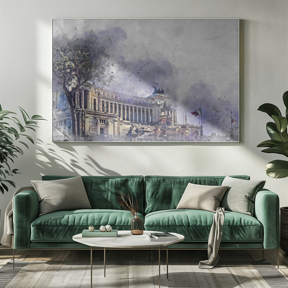 A watercolor-style painting of the Altar of the Fatherland in Rome, Italy, depicted with dramatic purple and gray skies. The grand classical building features numerous columns and statues, with a large tree on the left and an Italian flag on the right. The artwork has a painterly, splattered effect and is shown in a silver frame. Wall Art