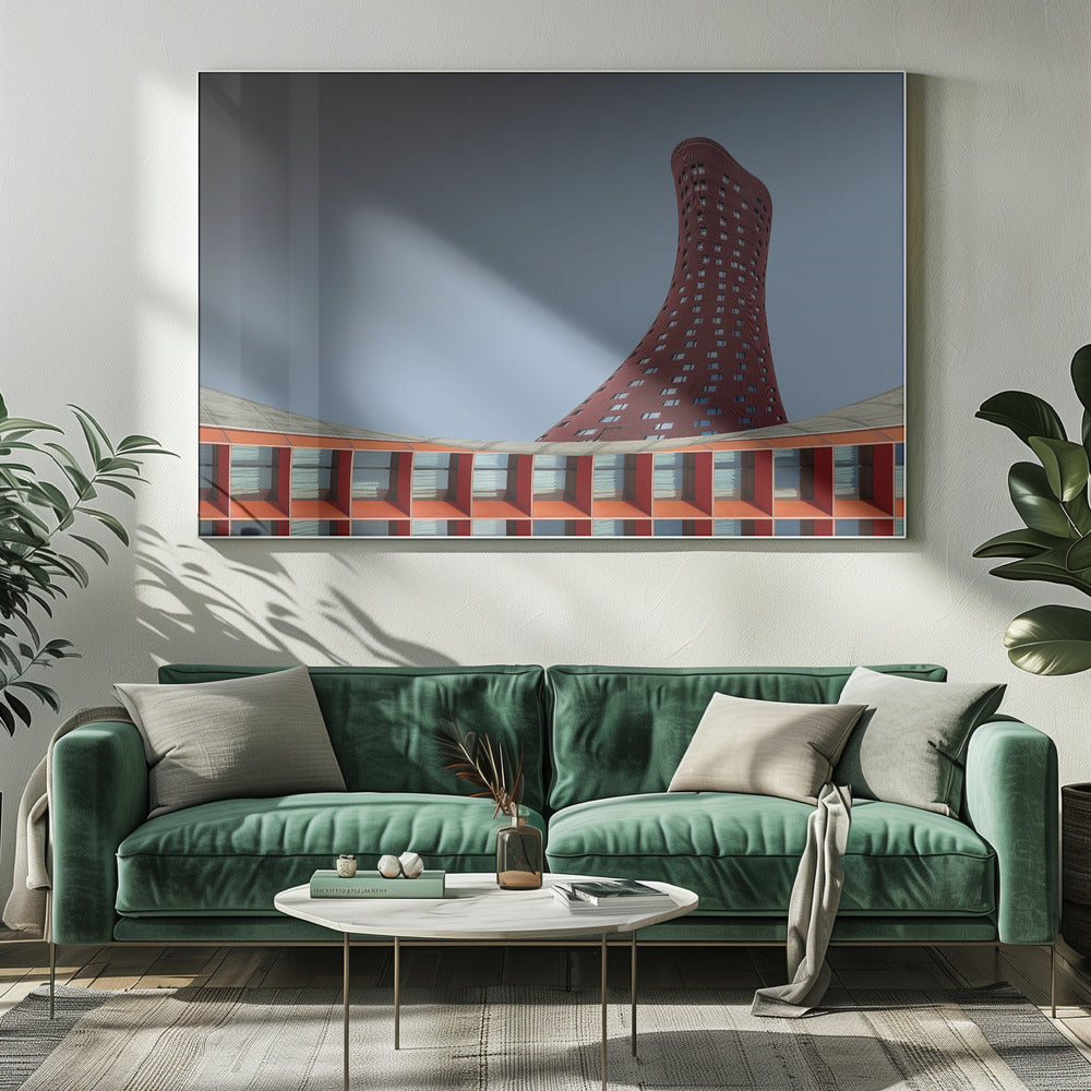 A modern architectural photograph showing a curved, maroon skyscraper twisting towards the sky against a gradient grey background. A lower, orange, grid-like building curves along the bottom of the frame. The entire scene is enclosed in a silver frame. Poster