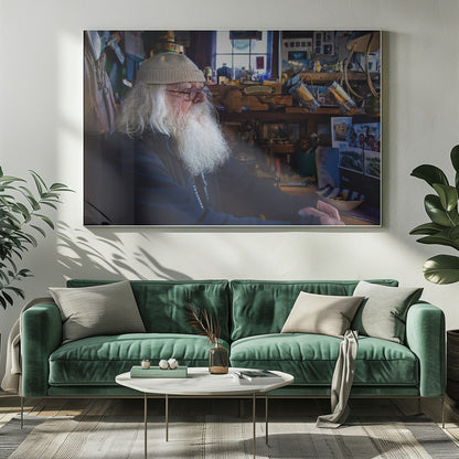 A profile portrait of an elderly man with a long, full white beard and hair, wearing glasses and a cream-colored knit beanie. He sits indoors in a warmly lit, cluttered room that looks like a cabin or a pub, with his hands clasped in front of him, gazing thoughtfully to the side. Poster