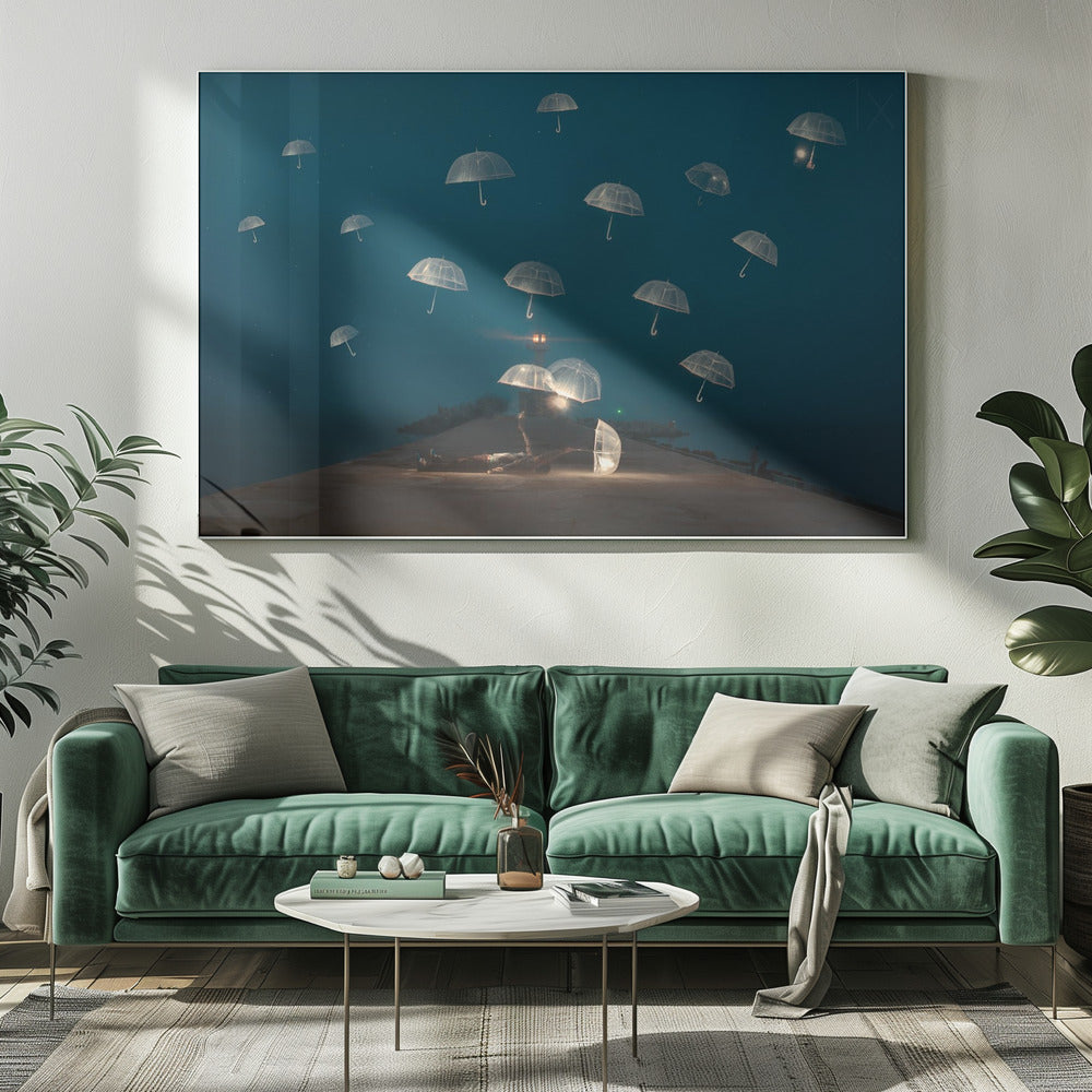 A surreal night scene with a person lying on a pier next to a glowing, transparent umbrella, while numerous other glowing umbrellas float like jellyfish in the dark blue sky above the sea, with a distant lighthouse in the background. Poster