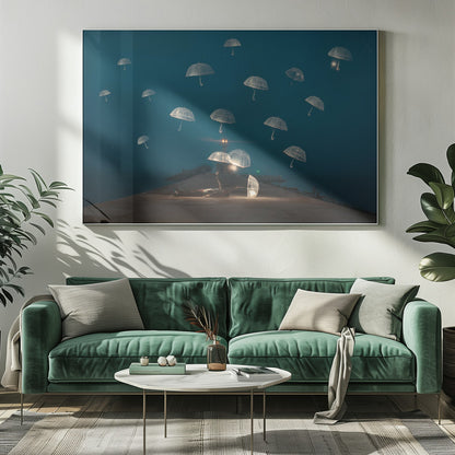 A surreal night scene with a person lying on a pier next to a glowing, transparent umbrella, while numerous other glowing umbrellas float like jellyfish in the dark blue sky above the sea, with a distant lighthouse in the background. Poster