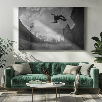 A dynamic black and white fisheye photograph of a person mid-flip, jumping over a crumbling wall in an urban setting under a cloudy sky. The image has a silver-colored frame. Print