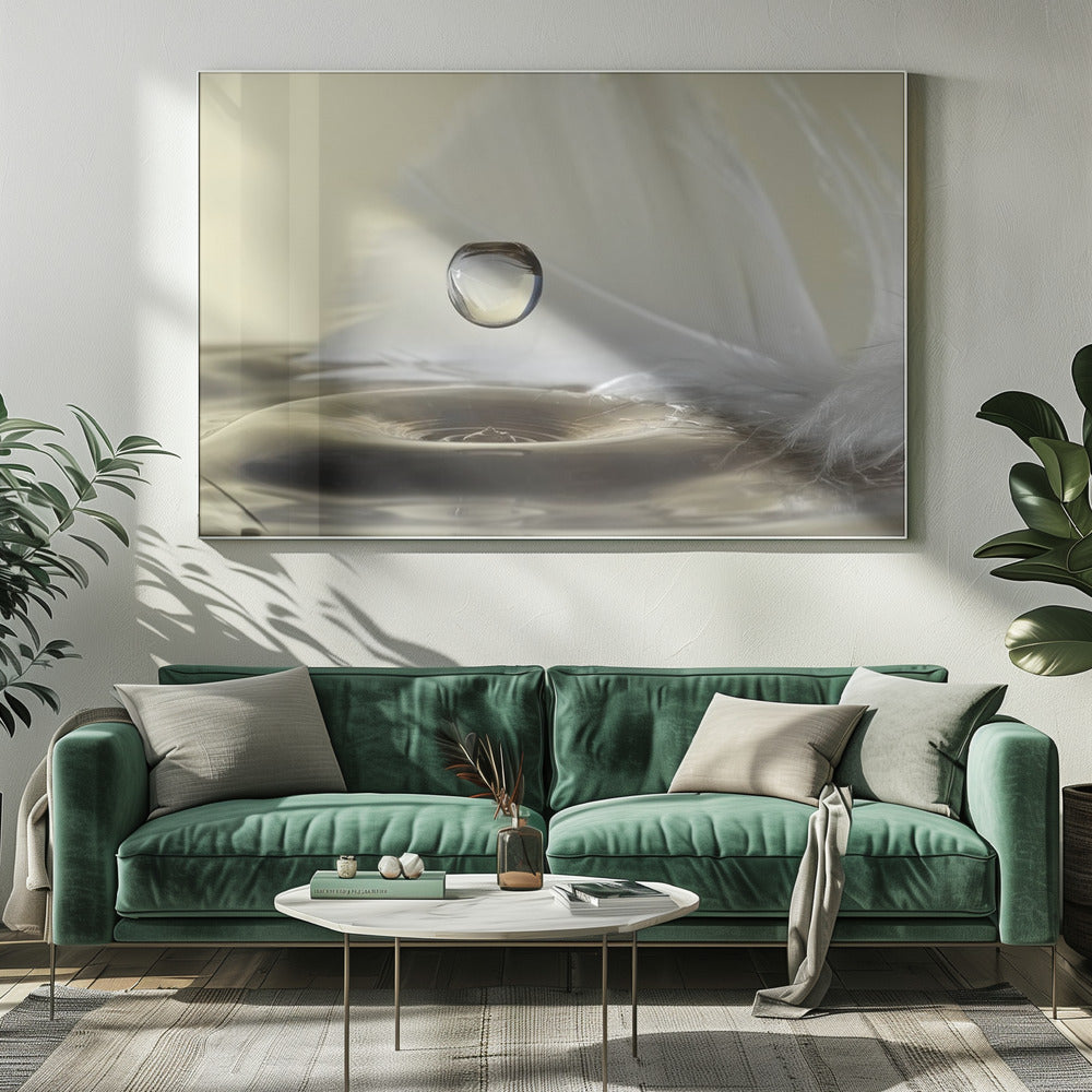 A high-speed macro photograph captures a perfectly spherical water droplet suspended in mid-air above a ripple on the water's surface. A soft white feather lies in the background, creating a serene and delicate composition with a neutral color palette, all enclosed in a brushed silver frame. Wall Art