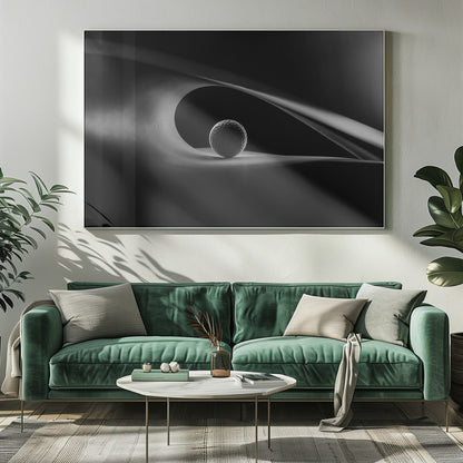 An artistic black and white photograph of a golf ball resting inside the gentle curve of a dark, abstract shape, creating a minimalist and dramatic composition with strong light and shadows. Poster