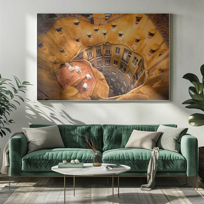 A high-angle photograph looking down into the surreal, undulating inner courtyard of an architectural masterpiece. The warm, golden-ochre walls curve organically, dotted with small, hooded windows, encircling the deep central lightwell that reveals floors of apartments below. Wall Art