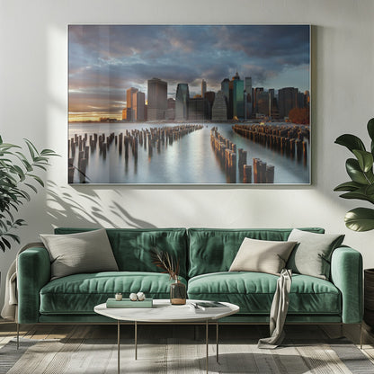 A framed photograph of the Lower Manhattan skyline at sunset, viewed from across the water. Rows of old wooden pier pilings lead the eye towards the city's skyscrapers, which are illuminated by the warm light of the setting sun under a dramatic, cloudy sky. Decor