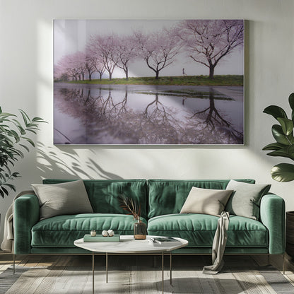 A framed photograph of a row of pink cherry blossom trees on a grey, overcast day, perfectly reflected in a large puddle on a wet road. A small figure of a person is seen running along the grassy bank in the distance. Poster
