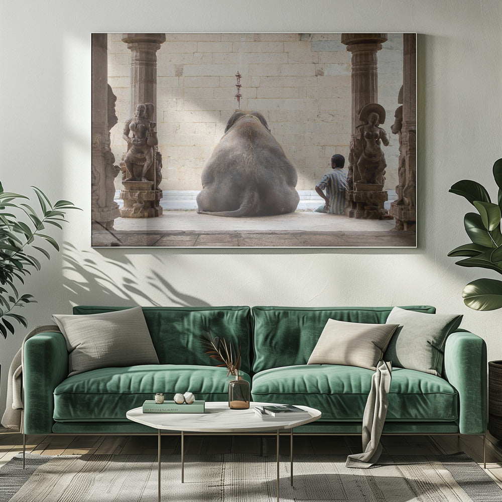 A framed photograph from behind a large elephant sitting on a stone floor inside a temple, flanked by ornate, carved stone pillars. A man in a striped shirt sits on the floor to the right of the elephant, looking towards it. Decor