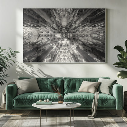 A framed black and white photograph captures the breathtaking, symmetrical ceiling of Gaudí's Sagrada Familia basilica, viewed directly from below. The massive columns rise and branch out like a forest canopy, creating a complex and mesmerizing architectural pattern of vaults, ribs, and skylights. Artwork