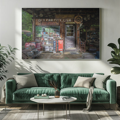 A framed photograph of the cluttered entrance to a rustic wooden building labeled 'Old Car City, USA'. The scene is filled with vintage memorabilia, including car parts, old signs, a red Coca-Cola cooler, and the weathered door to an office. Poster