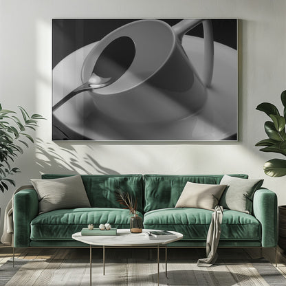 A dramatic black and white close-up photograph of a white porcelain coffee cup tilted on its saucer, with a reflective spoon resting inside. The image has high contrast against a dark background and is presented within a silver-colored frame. Decor