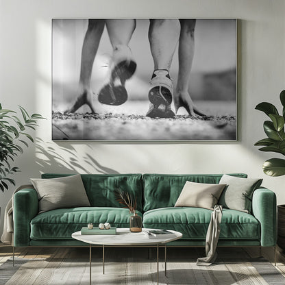 A low-angle, black and white action shot of a runner's legs and hands at the starting position on a gravel track. One foot is planted firmly while the other is in motion, blurred as they push off to start a race. Decor