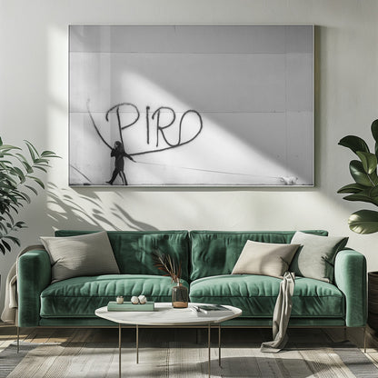 A minimalist black and white photograph of a woman dressed in black walking a small, fluffy white dog on a long leash. They are walking along a sidewalk in front of a large, pale wall with the word 'PIRO' written in black spray paint graffiti. The entire image is enclosed in a light grey frame. Poster