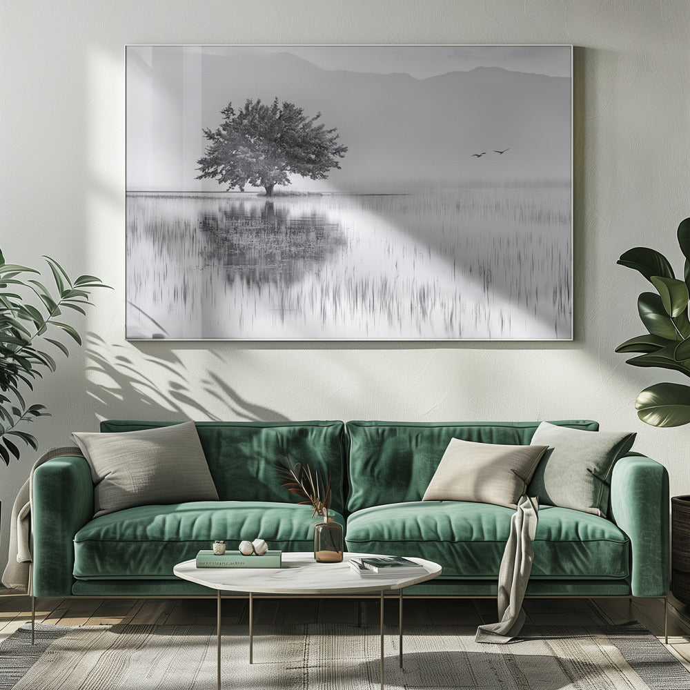 A serene black and white landscape photograph of a solitary tree standing in a calm lake, its reflection mirrored perfectly in the water. Hazy mountains are visible in the distance, and two birds fly across the pale sky, all enclosed within a silver frame. Print