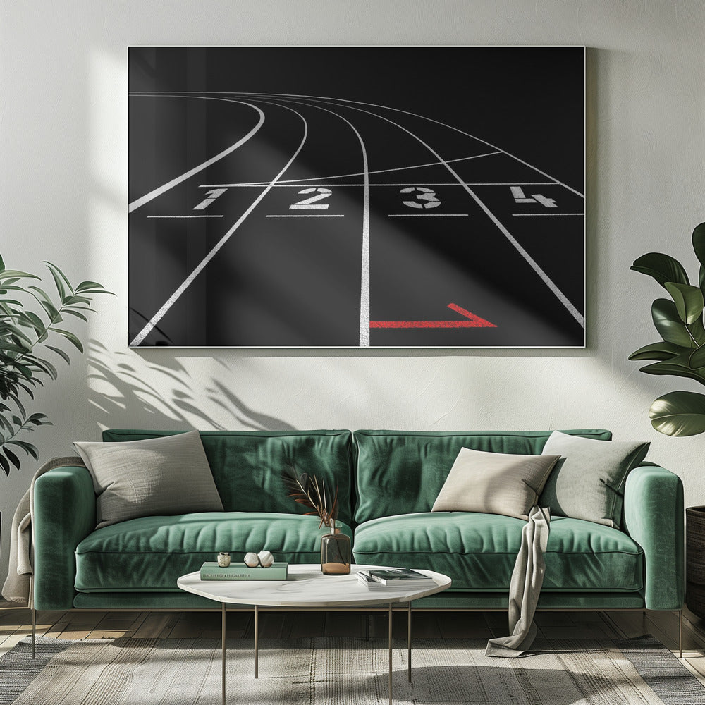 A framed, high-contrast photograph of a black running track's starting line. The lanes, marked with white lines, are numbered 1, 2, 3, and 4 and curve into the distance. A single red arrow points forward in the foreground, adding a pop of color to the monochrome scene. Poster