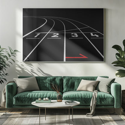 A framed, high-contrast photograph of a black running track's starting line. The lanes, marked with white lines, are numbered 1, 2, 3, and 4 and curve into the distance. A single red arrow points forward in the foreground, adding a pop of color to the monochrome scene. Poster