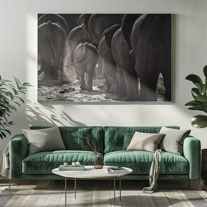 A powerful black and white photograph from a low, rear angle of a herd of elephants walking away. A small baby elephant is centered, protected amongst the larger adults as they kick up dust on the dry ground. Wall Art