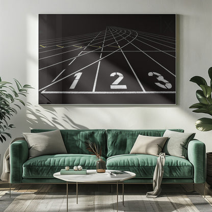 A framed, high-contrast graphic of a black running track from a low-angle perspective at the starting line. White lines delineate the lanes, with the numbers 1, 2, and 3 stenciled in the foreground. The track curves and recedes into the distance, creating a strong sense of perspective. Decor