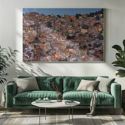 A photograph of a densely packed favela built on a hillside at dusk. The numerous small, colorful houses are illuminated from within, casting a warm orange glow that contrasts with the deep blue of the twilight sky. The image is presented within a silver picture frame. Artwork