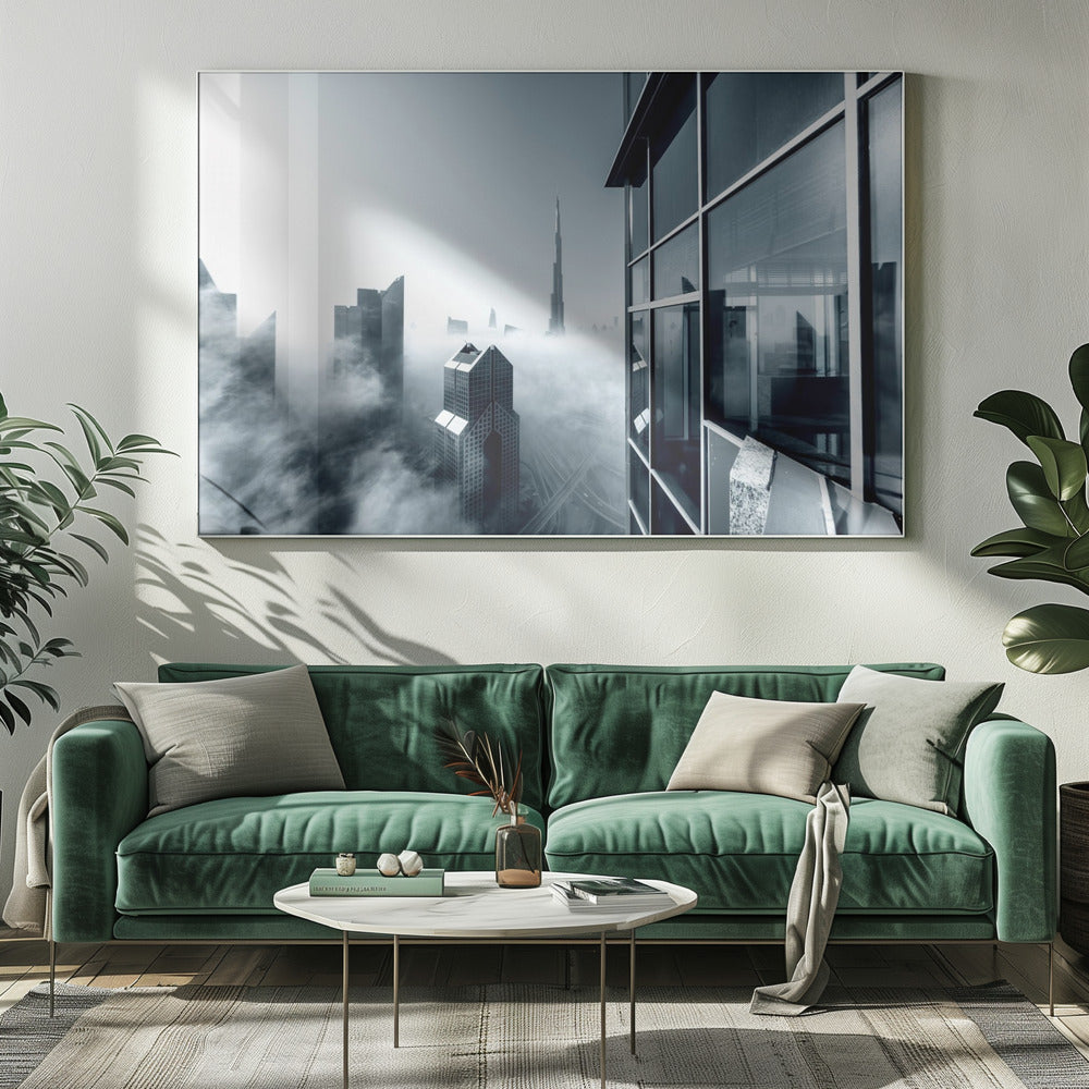A framed black and white photograph with a cool blue tint, depicting the Dubai skyline from a high-rise window, with skyscrapers including the Burj Khalifa piercing through a thick blanket of fog. Artwork
