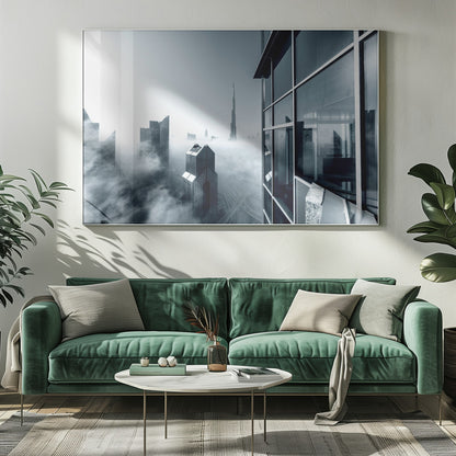 A framed black and white photograph with a cool blue tint, depicting the Dubai skyline from a high-rise window, with skyscrapers including the Burj Khalifa piercing through a thick blanket of fog. Artwork
