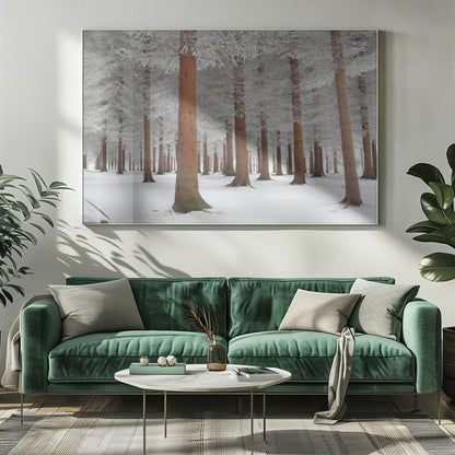 A serene winter forest scene with tall, straight trees whose reddish-brown trunks stand out against the white, snow-covered ground and frost-laden branches, all enclosed in a silver frame. Poster