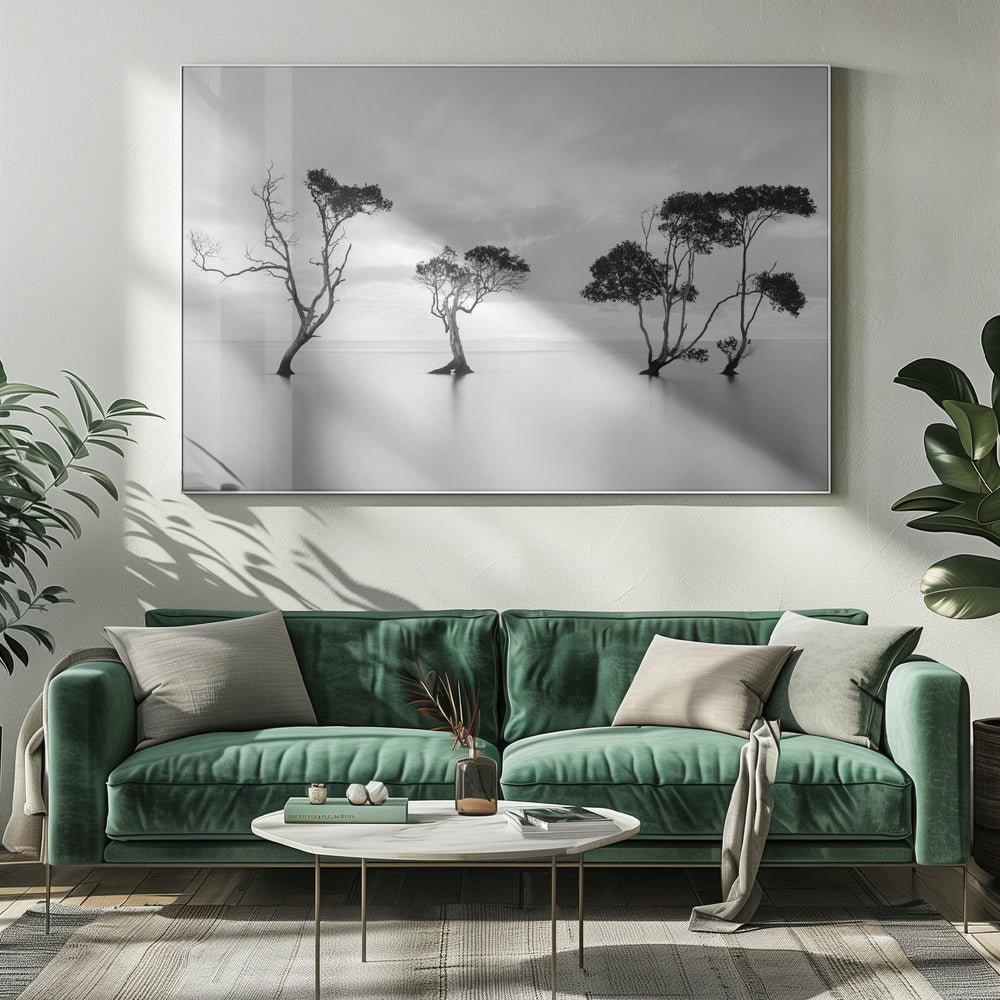 A serene black and white long-exposure photograph of several trees standing in still, calm water. The water is perfectly smooth, reflecting the dark silhouettes of the trees. A soft, cloudy sky hangs overhead, creating a minimalist and tranquil landscape scene, all enclosed in a silver frame. Decor
