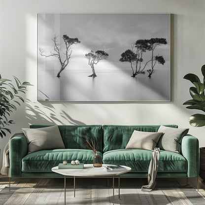 A serene black and white long-exposure photograph of several trees standing in still, calm water. The water is perfectly smooth, reflecting the dark silhouettes of the trees. A soft, cloudy sky hangs overhead, creating a minimalist and tranquil landscape scene, all enclosed in a silver frame. Decor