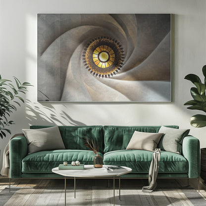 A low-angle, centered photograph looking up at an ornate, golden sunburst chandelier hanging from the vortex of a swirling, textured cream-colored ceiling, enclosed in a silver frame. Poster