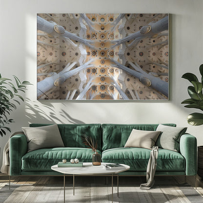 A symmetrical photograph looking directly up at the ornate, geometric ceiling of the Sagrada Familia. White, tree-like columns branch out to support the intricate vaulted ceiling, which is detailed with warm orange and gold starburst patterns. Decor