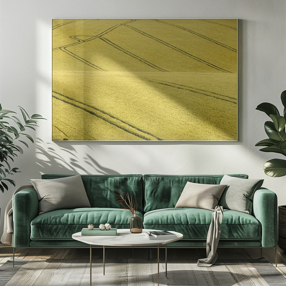 A framed photograph of a vast, rolling field of golden-yellow crops, with dark tractor tire tracks creating curving and diagonal lines across the hilly landscape. Decor