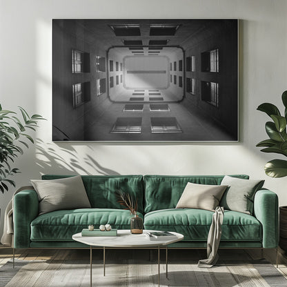 A symmetrical, black and white photograph looking directly up from the base of a building's interior courtyard. The dark walls rise up, lined with rows of windows, creating a powerful sense of perspective that draws the eye to the bright rectangle of the sky or a skylight at the top. The image is enclosed in a simple silver frame. Poster