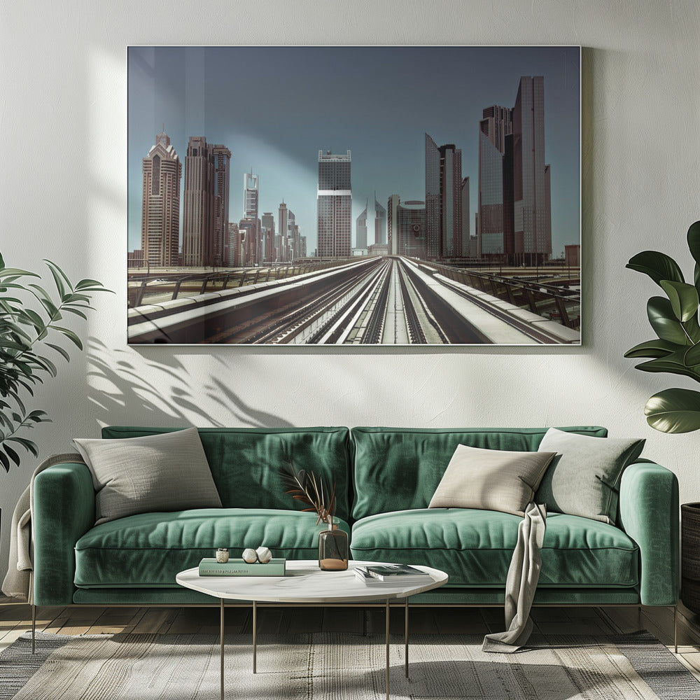 A view from an elevated train track looking down the rails towards the towering skyscrapers of a modern city skyline, under a clear, muted blue sky. Wall Art