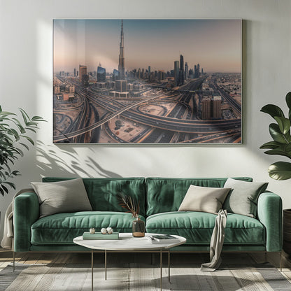 An aerial photograph of the Dubai skyline at sunset, featuring the iconic Burj Khalifa towering over other skyscrapers, with a complex web of intersecting highways and overpasses in the foreground, all under a gradient sky of orange and blue. The photo is displayed within a silver frame. Poster