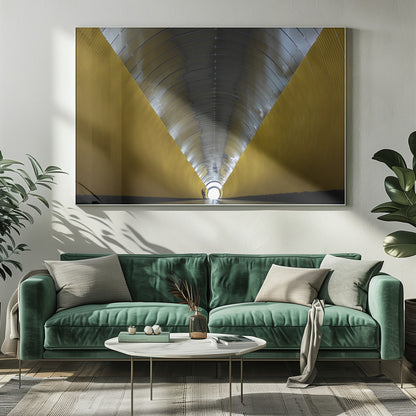 A symmetrical, perspective view down a modern, circular tunnel. The lower walls are bright yellow, creating two diagonal lines that converge towards a bright, white light at the far end. The arched ceiling is made of reflective silver metal panels, and a small silhouette stands near the exit. Artwork