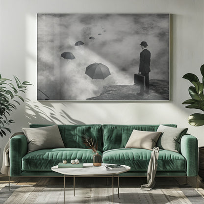 A surreal black and white photograph of a man in a suit and bowler hat holding a briefcase, standing on a cliff edge. He gazes into a foggy expanse where a path of floating black umbrellas leads into the misty distance. Decor