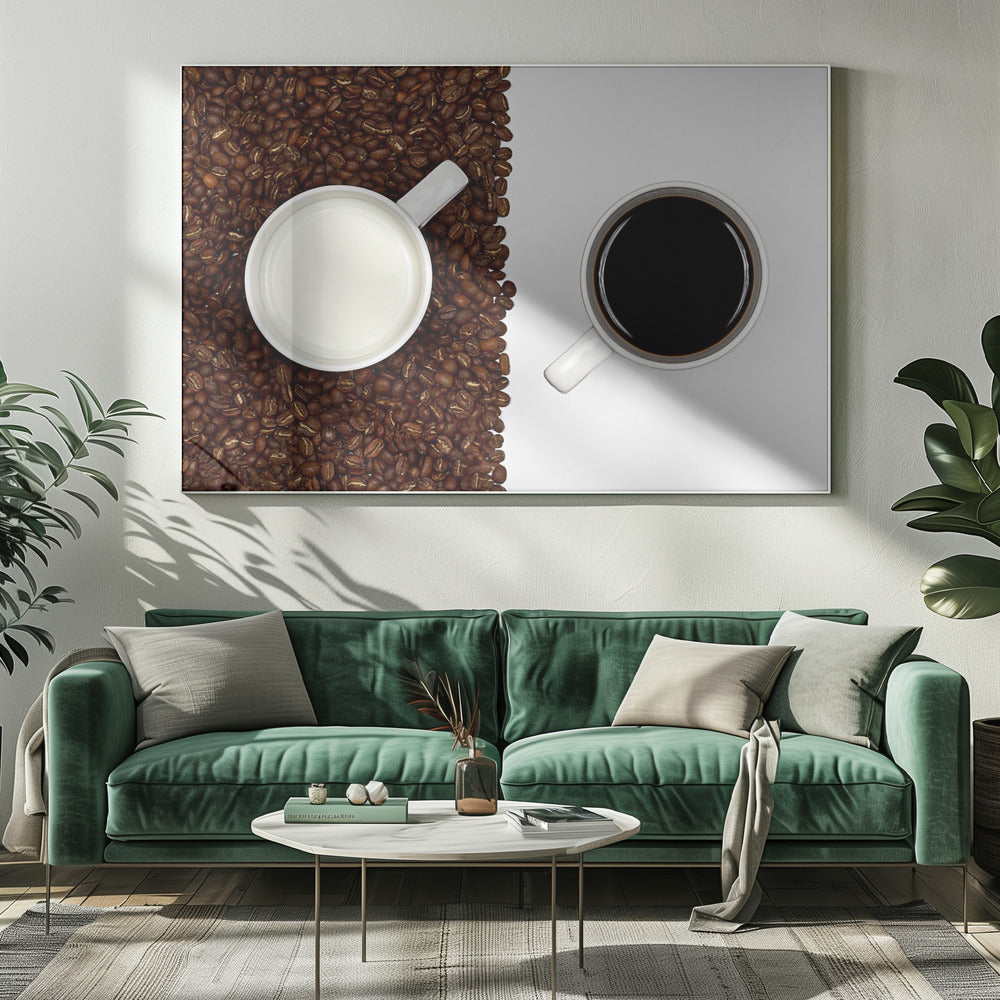 A top-down, split-screen photograph showing a contrast between coffee and milk. On the left, a white mug of milk sits on a bed of roasted coffee beans. On the right, a white mug of black coffee rests on a clean white background, creating a stark visual divide. Artwork