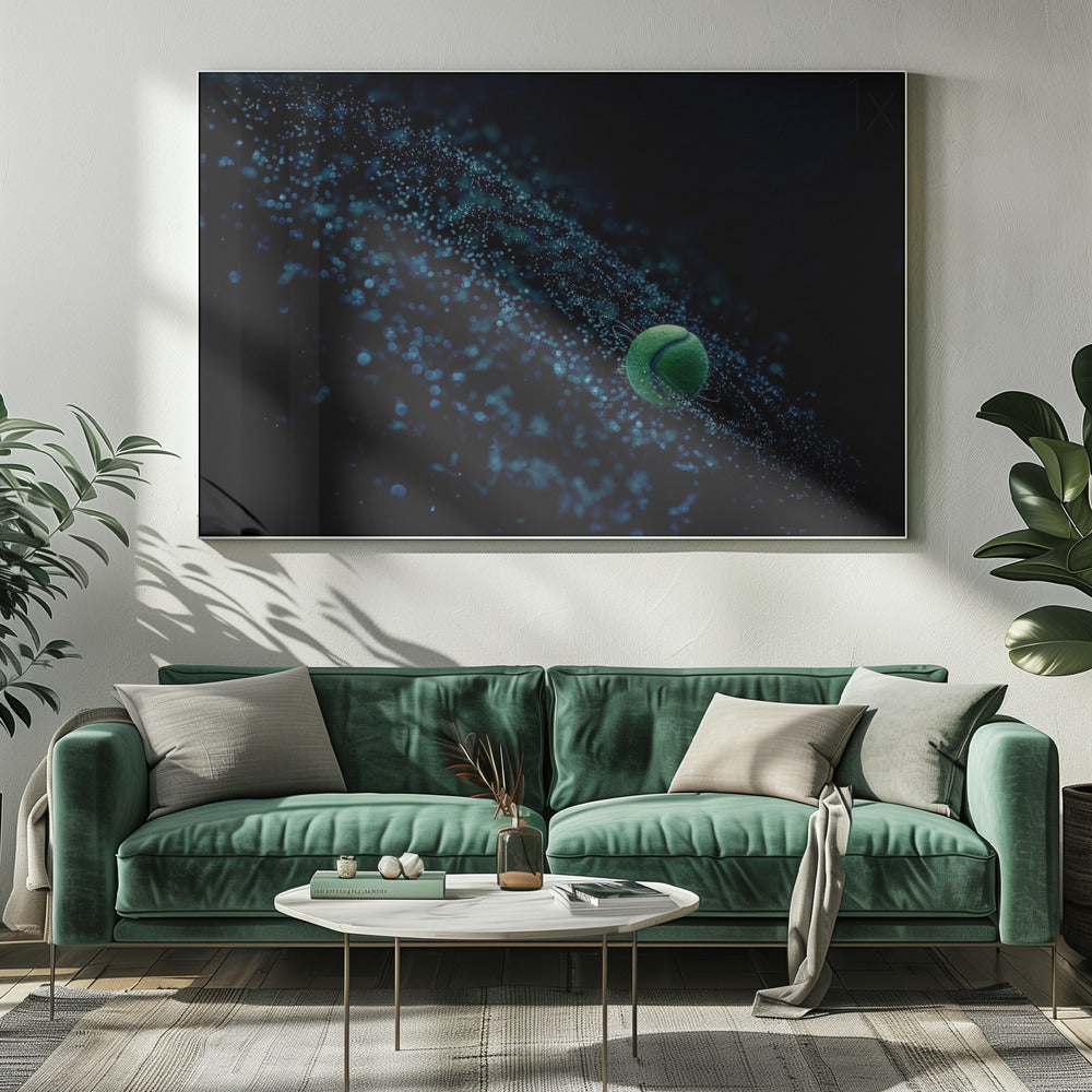 A high-speed photograph captures a spinning green tennis ball against a black background, with a dramatic spray of blue-lit water droplets flying off it in a cosmic-like spiral. Artwork