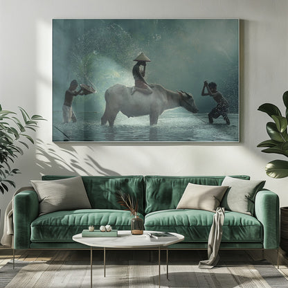 A serene photograph of three young boys playing in a river with a large water buffalo, one boy sits atop the animal while the others splash water, all set against a misty green backdrop and framed in silver. Print