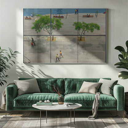 A framed, multi-pane window view showing a composite urban scene. The top panes reflect a sunny day on a wooden boardwalk by blue water, with people relaxing and green trees. The bottom panes show a direct view of a paved street below, with a few pedestrians walking. The window mullions create a grid that divides the distinct scenes. Wall Art