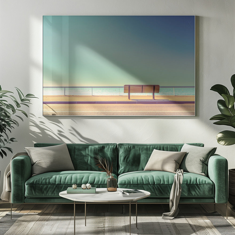 A minimalist, retro-toned photograph of a solitary wooden bench on a sunlit seaside promenade, overlooking a calm turquoise ocean under a vast, clear blue-green sky. Poster